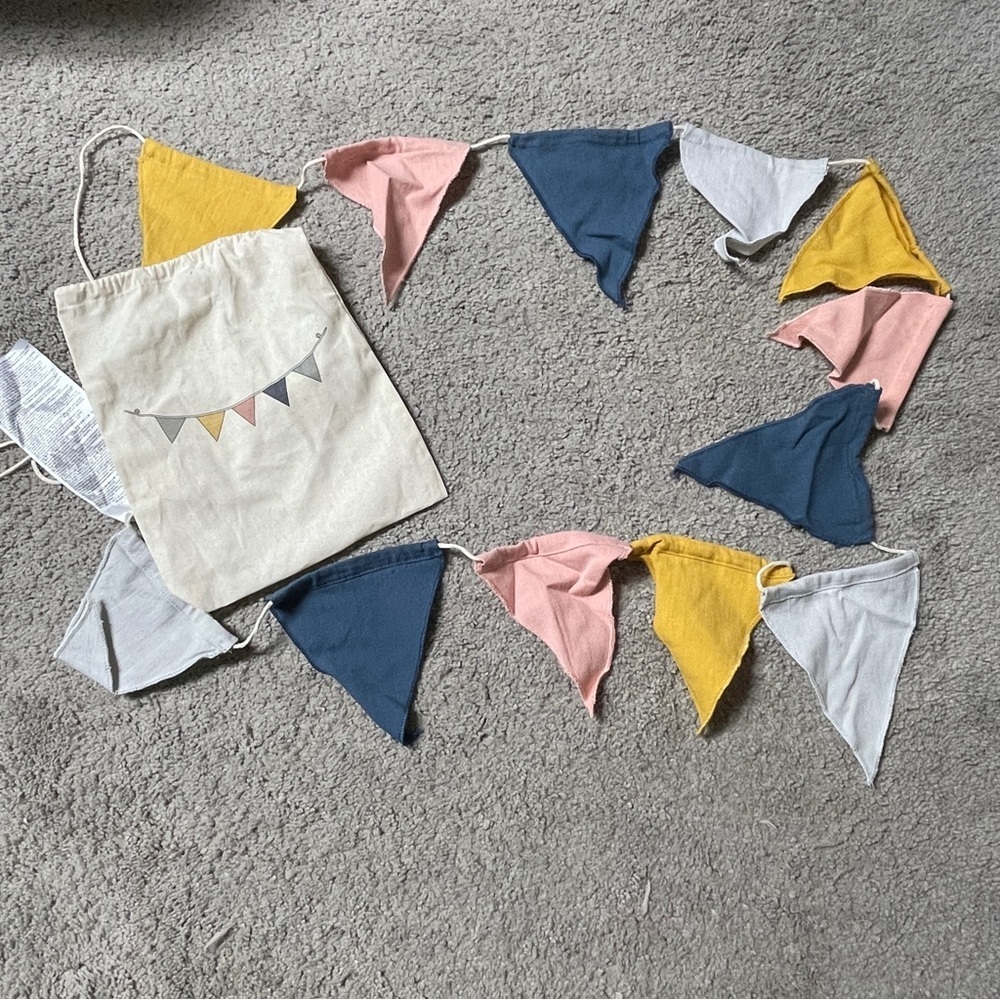 H&M Home Penant With Bunting Kids Baby‎ Room Muted Colors Yellow Pink Blue Gray